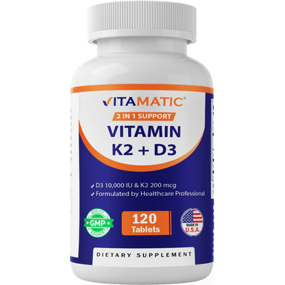 Vitamin D3 K2 Supplements with 10,000 IU Vitamin D + 200mcg Vitamin K MK-7, 120 Tablets