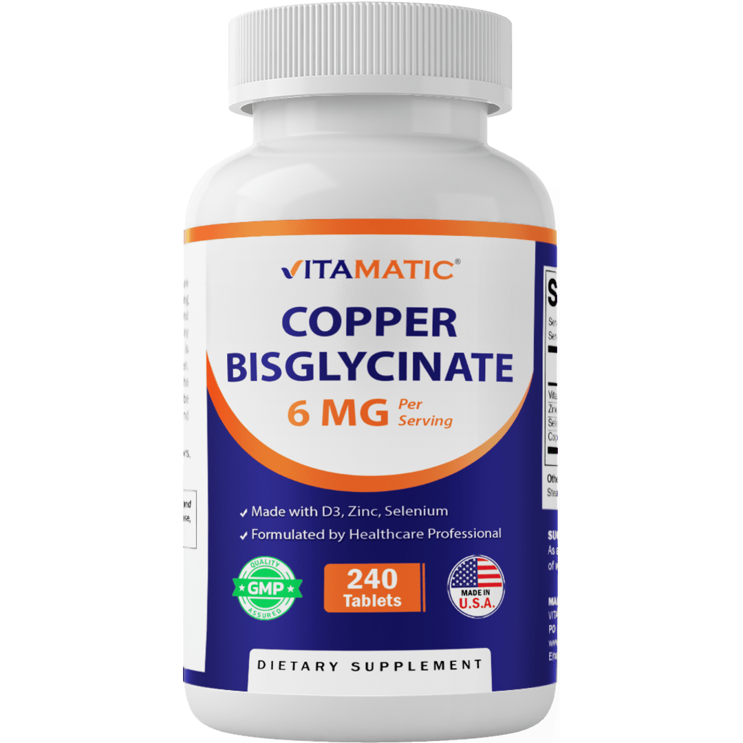 Copper Bisglycinate 6 mg Made with Vitamin D3 2000 IU, Zinc 50mg, Selenium 50mcg - 240 Tablets