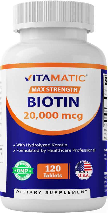 Biotin 20,000mcg with Keratin - 120 Vegetarian Tablets