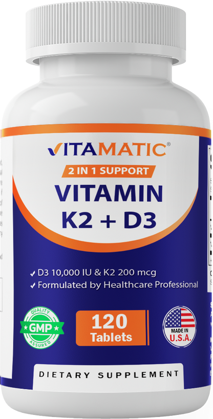Vitamin D3 K2 Supplements with 10,000 IU Vitamin D + 200mcg Vitamin K MK-7, 120 Tablets