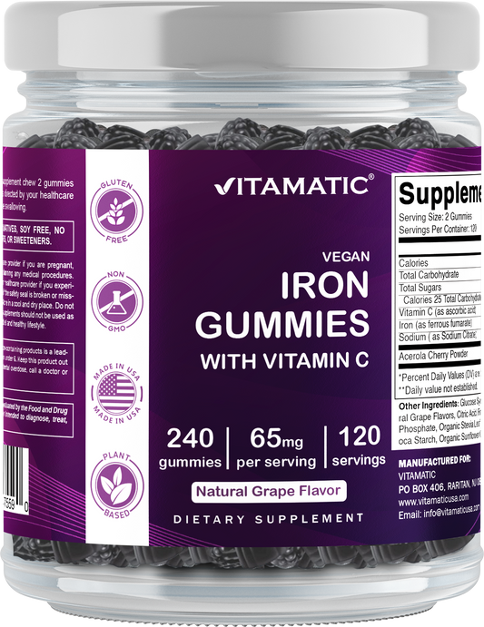 Iron 65 mg Gummies Supplement for Women & Men - 240 Vegan Gummies