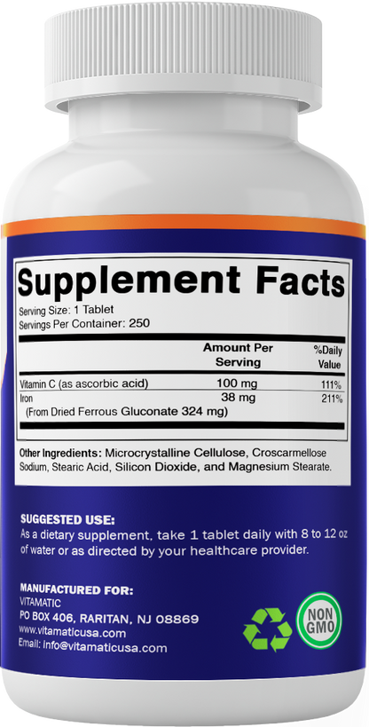 Ferrous Gluconate 324 mg + Vitamin C 100 mg (65 mg Elemental Iron) – 250 Coated Tablets