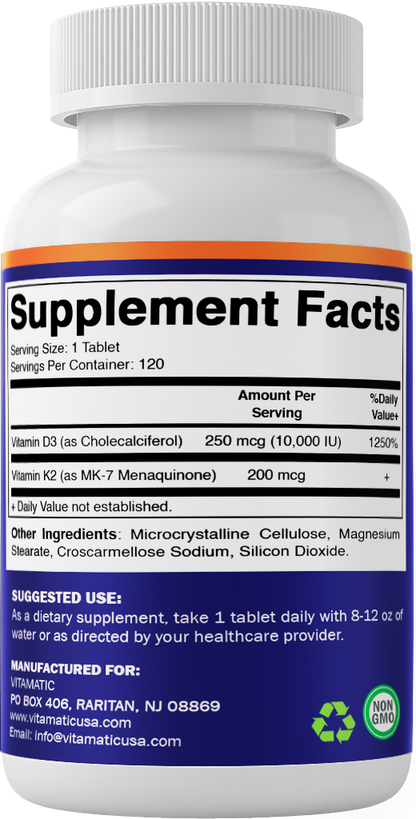 Vitamin D3 K2 Supplements with 10,000 IU Vitamin D + 200mcg Vitamin K MK-7, 120 Tablets