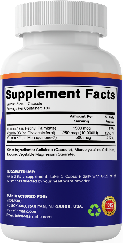 Vitamatic ADK Vitamins A, D3 + K2 Supplement, 180 Capsules
