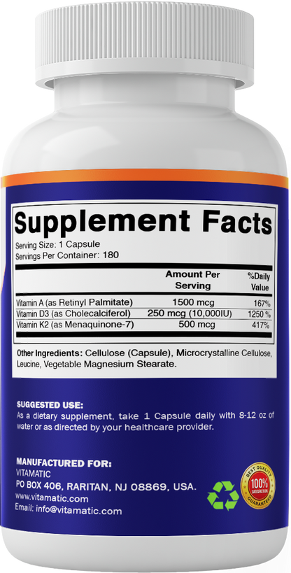 Vitamatic ADK Vitamins A, D3 + K2 Supplement, 180 Capsules