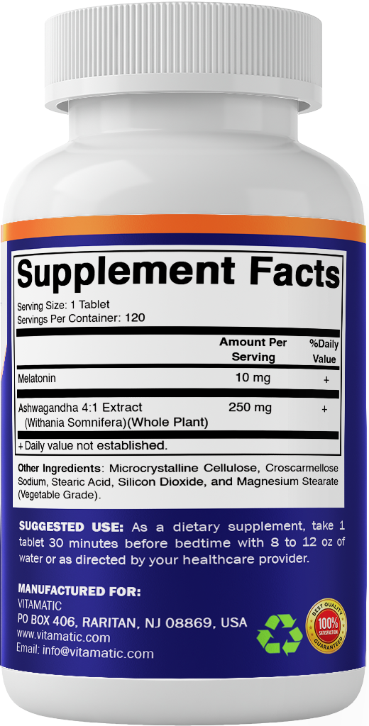 Melatonin 10mg + Ashwagandha 4:1 Extract, 120 Tablets