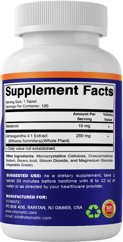Melatonin 10mg + Ashwagandha 4:1 Extract, 120 Tablets