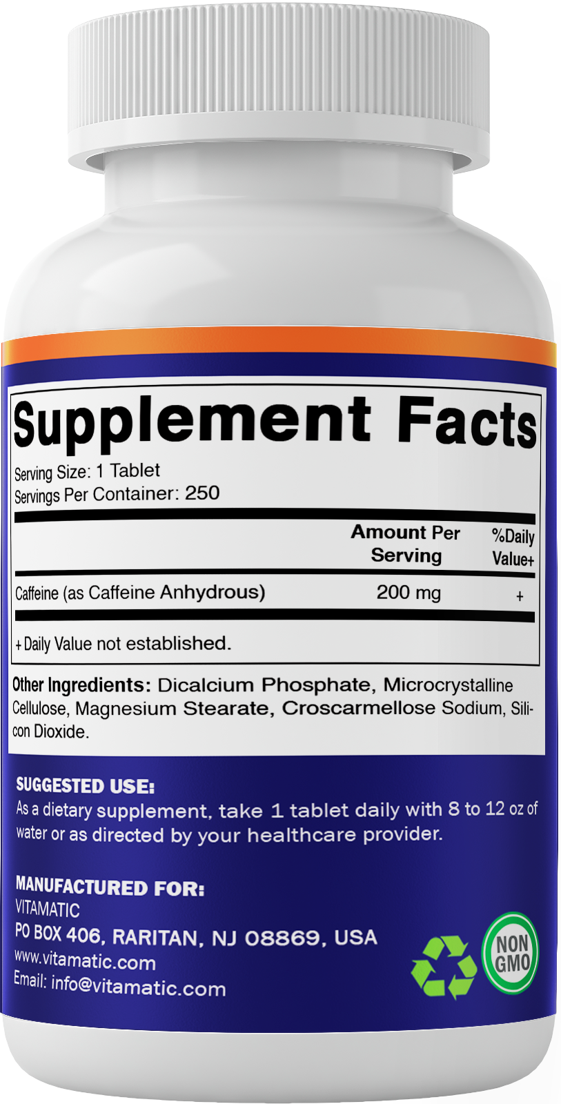 Vitamatic Caffeine Pills 200mg, 250 Vegetarian Tablets