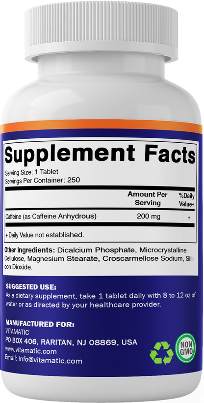 Vitamatic Caffeine Pills 200mg, 250 Vegetarian Tablets