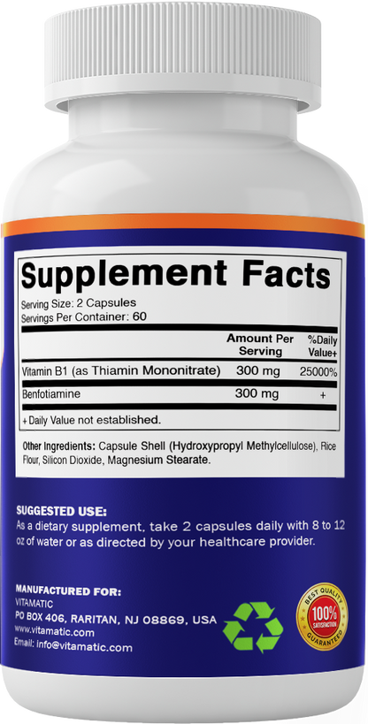 Benfotiamine 300mg + Vitamin B1, 120 Capsules