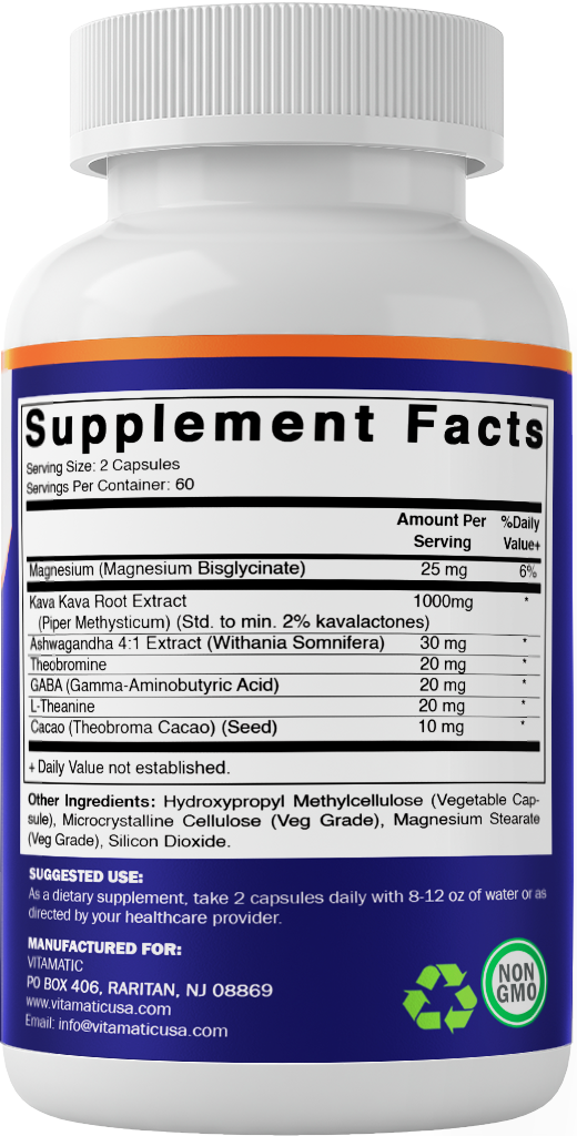 Kava Kava Extract 1000mg – Made with Magnesium, Ashwagandha, GABA, Theobromine, L-Theanine & Cacao – 120 Veg Capsules