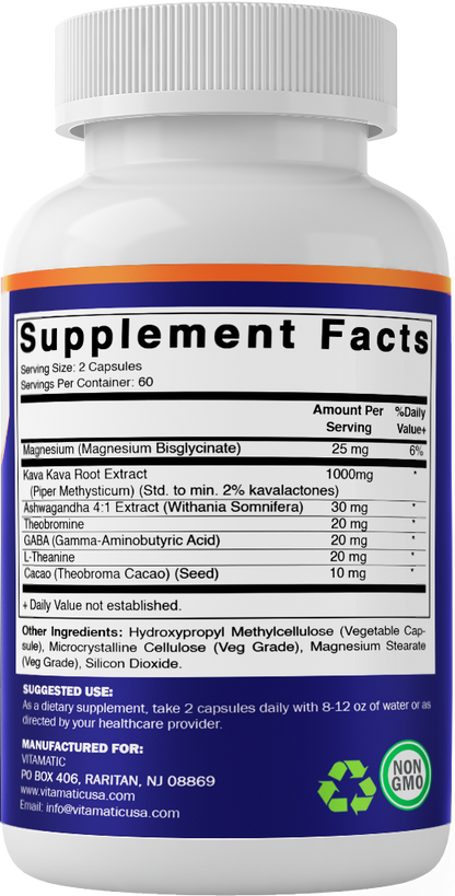 Kava Kava Extract 1000mg – Made with Magnesium, Ashwagandha, GABA, Theobromine, L-Theanine & Cacao – 120 Veg Capsules