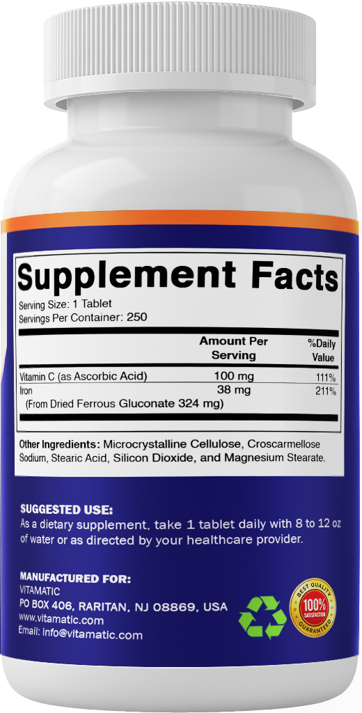 Vitamatic Ferrous Gluconate 324mg + Vitamin C, 250 Tablets