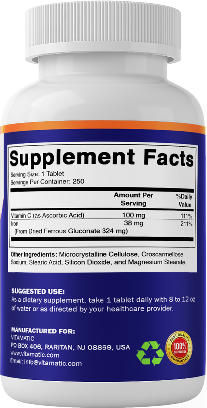 Vitamatic Ferrous Gluconate 324mg + Vitamin C, 250 Tablets