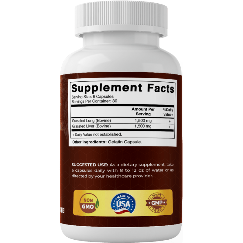 Vitamatic Grass-Fed Beef Lung with Liver 180 Capsules – Freeze-Dried, Non-GMO, Bovine Liver Supplement – (180 Capsules, Lung)