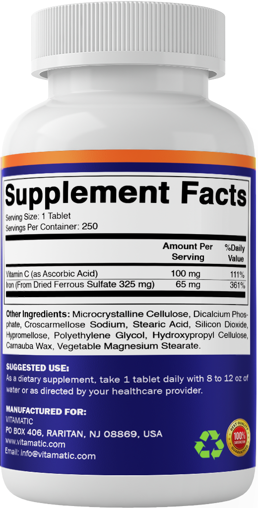 Vitamatic Ferrous Sulphate + Vitamin C, 250 Tablets
