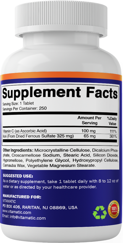 Vitamatic Ferrous Sulphate + Vitamin C, 250 Tablets