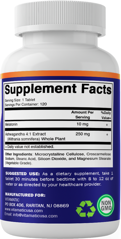 Vitamatic Melatonin 10mg + Ashwagandha 4:1 Extract, 120 Tablets