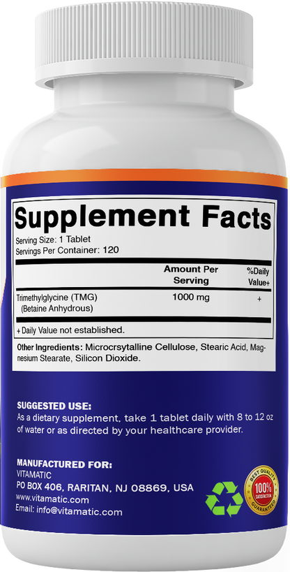 TMG 1000mg Supplement, 120 Vegetarian Tablets
