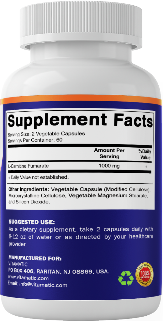 Vitamatic L-Carnitine Fumarate 1000mg, 120 Veg Capsules