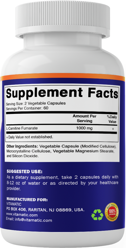 Vitamatic L-Carnitine Fumarate 1000mg, 120 Veg Capsules