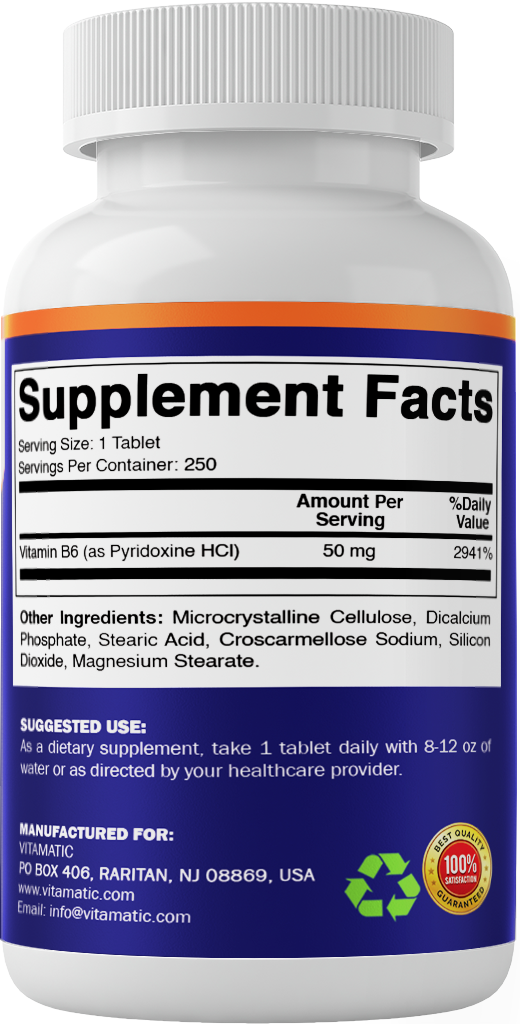Vitamin B6 50mg High Potency, 250 Tablets