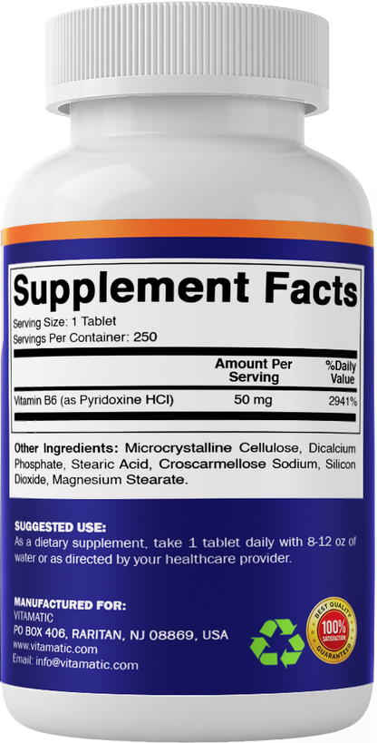 Vitamin B6 50mg High Potency, 250 Tablets