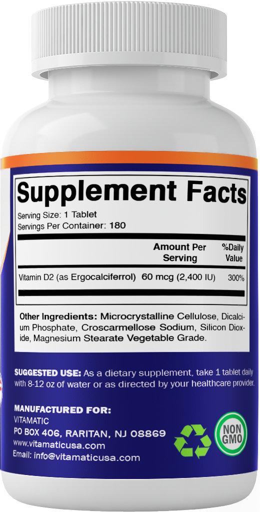 Vitamin D2 60 mcg 2400 IU - 180 Vegetarian Tablets