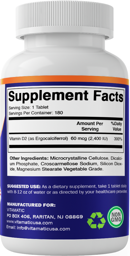 Vitamin D2 60 mcg 2400 IU - 180 Vegetarian Tablets