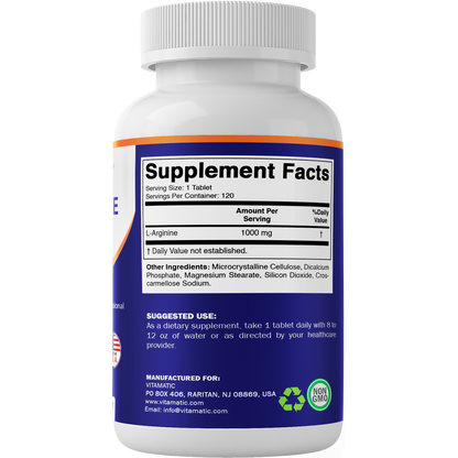 Vitamatic L-Arginine 1000 mg Tablets – 120 Count – Amino Acid Supplement