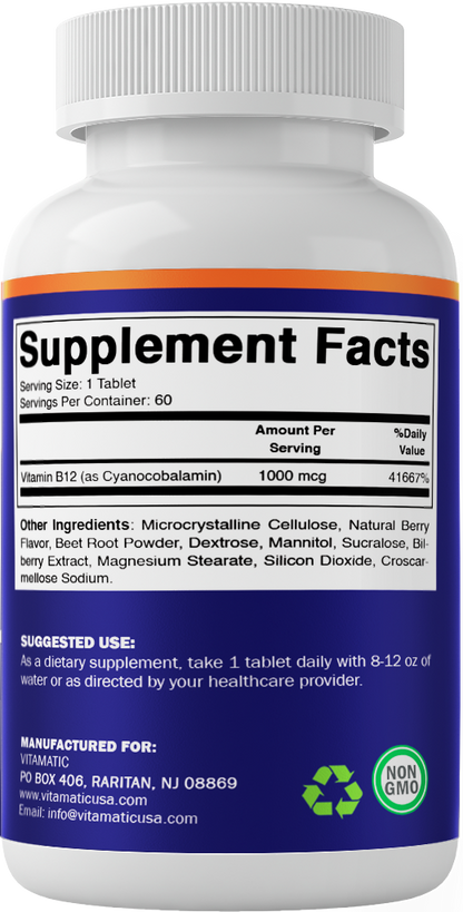 Vitamin B12 1000 mcg Fast Dissolve – 60 Tablets – Natural Berry Flavor