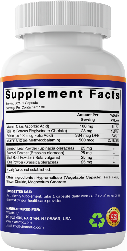 Vegan Iron + Vitamin C, B6, B12 & Folate Capsules