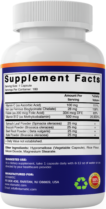 Vegan Iron + Vitamin C, B6, B12 & Folate Capsules