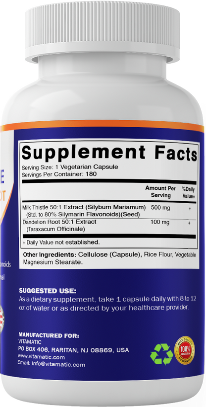 Milk Thistle + Dandelion Root, 180 Veg Capsules