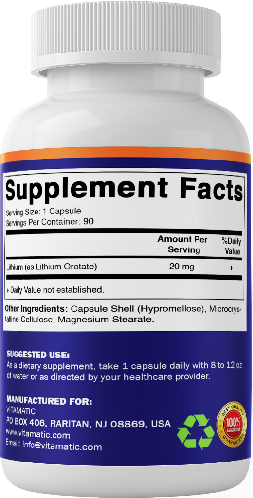 Vitamatic Lithium Orotate 20mg Supplement, 90 Capsules