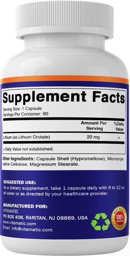 Vitamatic Lithium Orotate 20mg Supplement, 90 Capsules