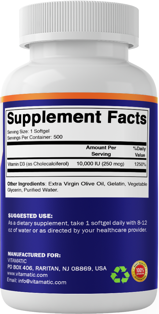 Vitamin D3 10000 IU (250 mcg), 500 Softgels