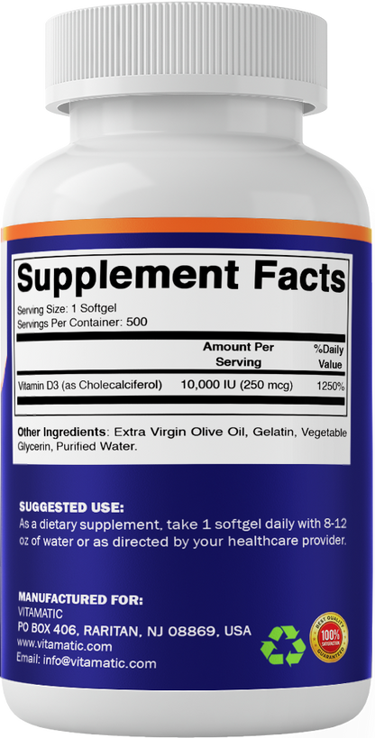 Vitamin D3 10000 IU (250 mcg), 500 Softgels