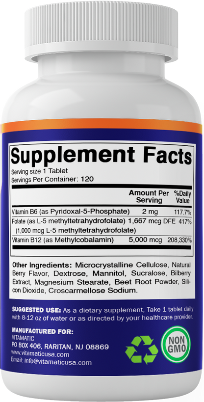 Methyl Folate & B12 Supplement with Pyridoxal 5 Phosphate  120 Fast Dissolve Tablets