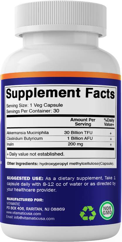 Akkermansia Muciniphila 30 Billion TFU + Clostridium Butyricum + Prebiotic Inulin - GLP-1 Probiotic - 30 Vegan Capsules
