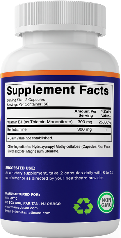 Benfotiamine 300mg + Vitamin B1 300 mg - 120 Vegetable Capsules