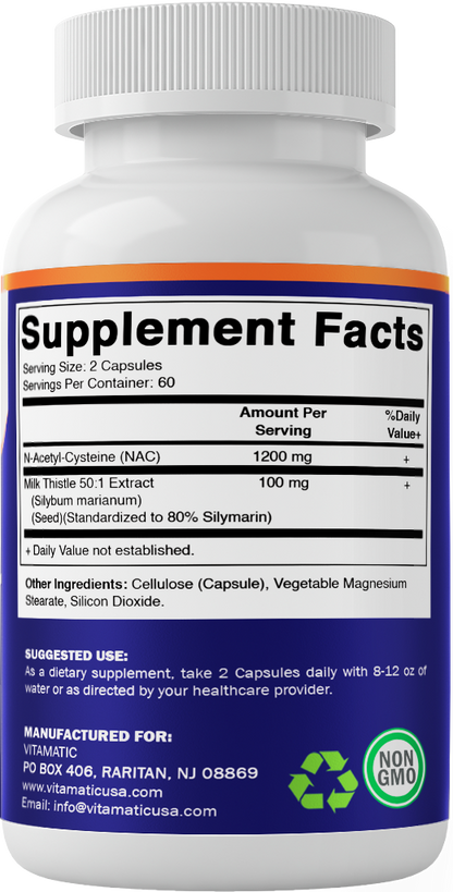NAC Supplement N-Acetyl-L-Cysteine (NAC) with Milk Thistle Extract - 120 Veg Capsules