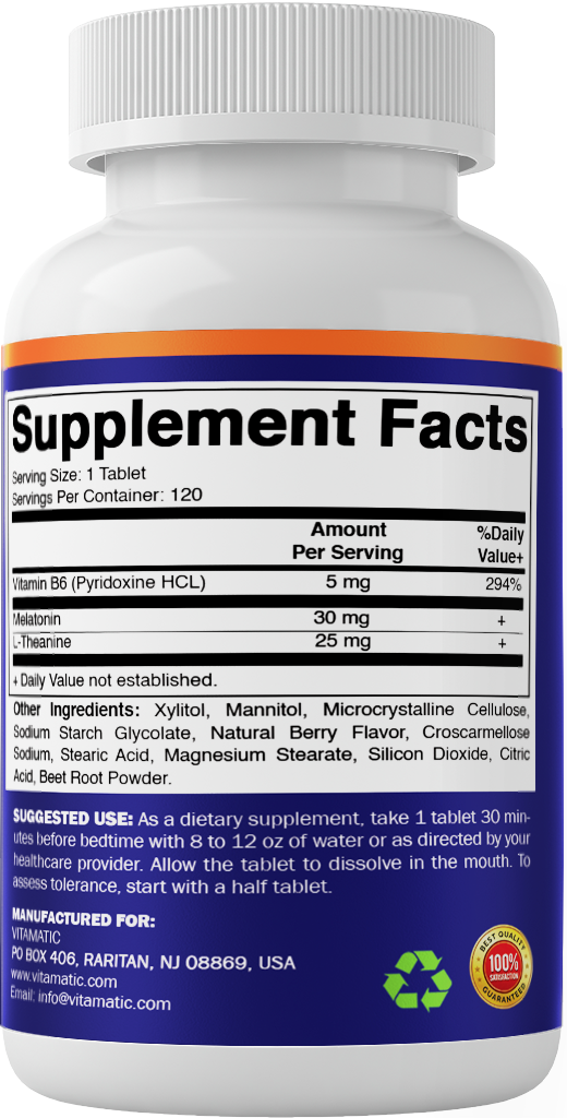 Vitamatic Melatonin 30 mg with L-Theanine & B6, 120 Fast Dissolve Tablets