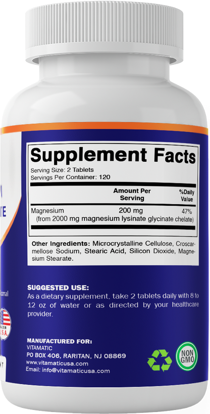 Vitamatic Magnesium as Glycinate Lysinate – 240 Tablets – 100% Chelated Magnesium