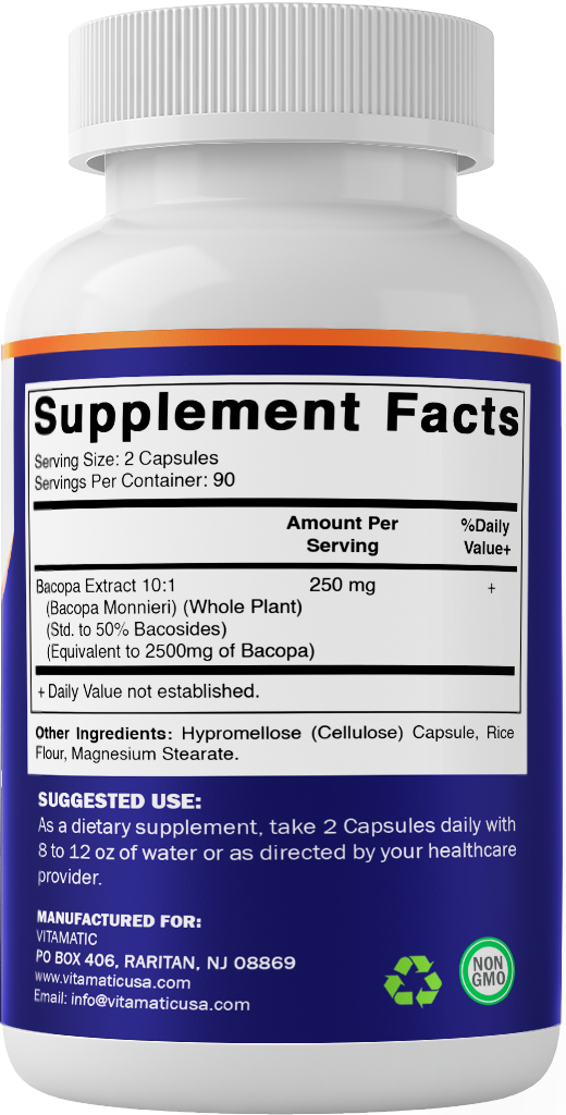 Bacopa Monnieri Nootropic Herbal Supplement 2500mg Equivalent Per Serving50% Bacosides, Non- 180 Capsules