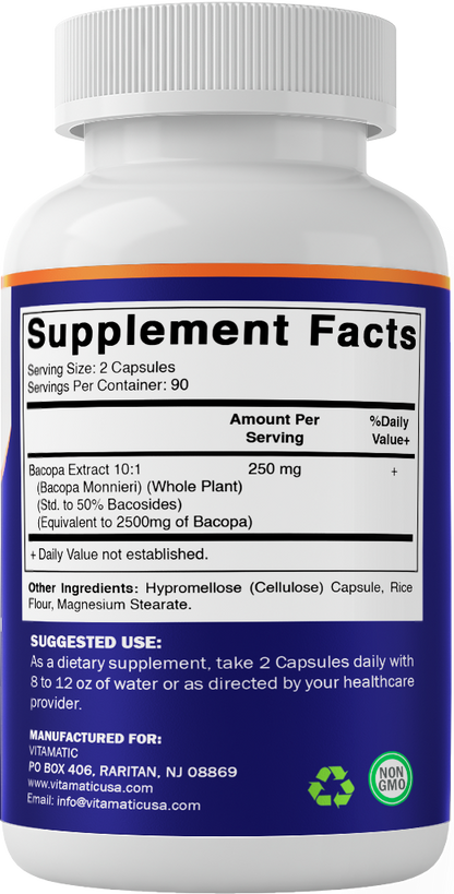 Bacopa Monnieri Nootropic Herbal Supplement 2500mg Equivalent Per Serving50% Bacosides, Non- 180 Capsules