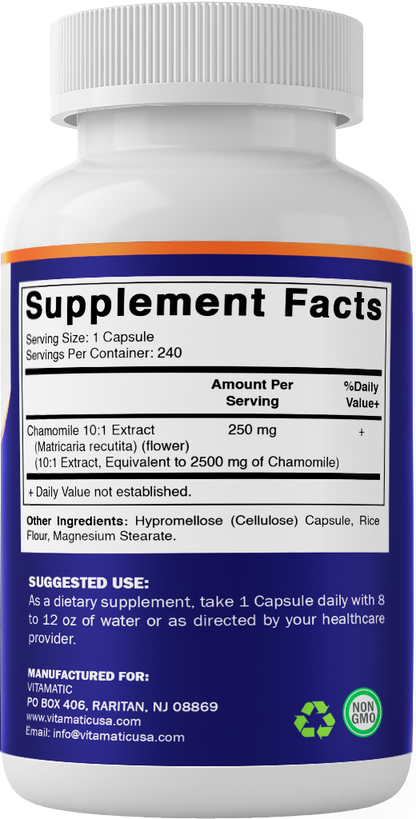 Vitamatic Chamomile 250 mg 10:1 Extract - 240 Veg Capsules - Non-GMO & Gluten Free