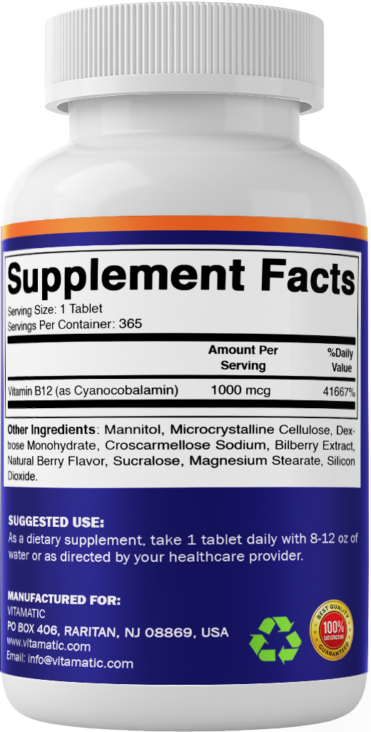 Vitamatic Vitamin B12 1000 mcg Fast Dissolve, 365 Tablets