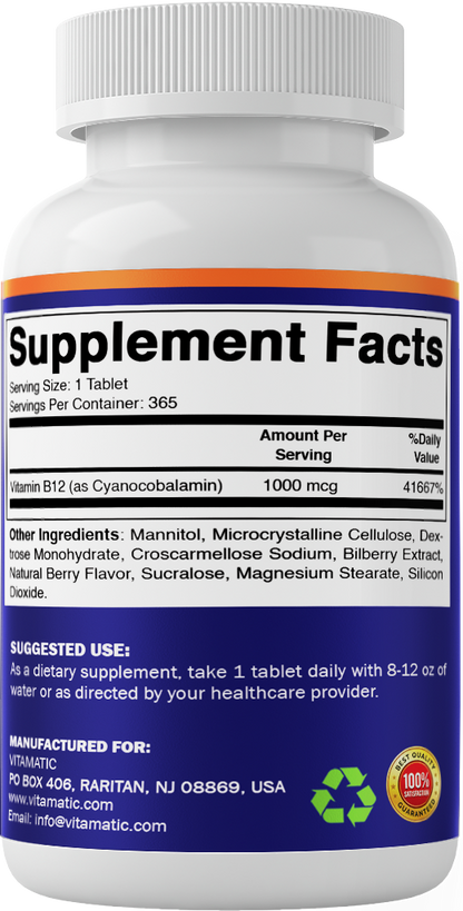 Vitamatic Vitamin B12 1000 mcg Fast Dissolve, 365 Tablets