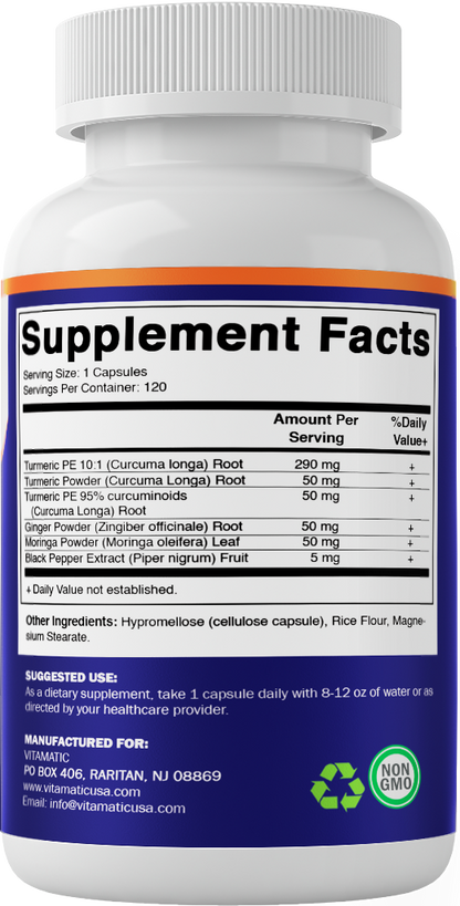 Turmeric Curcumin 3000mg, 95% Curcuminoids, Black Pepper, Ginger, Moringa - 120 Vegetable Capsules